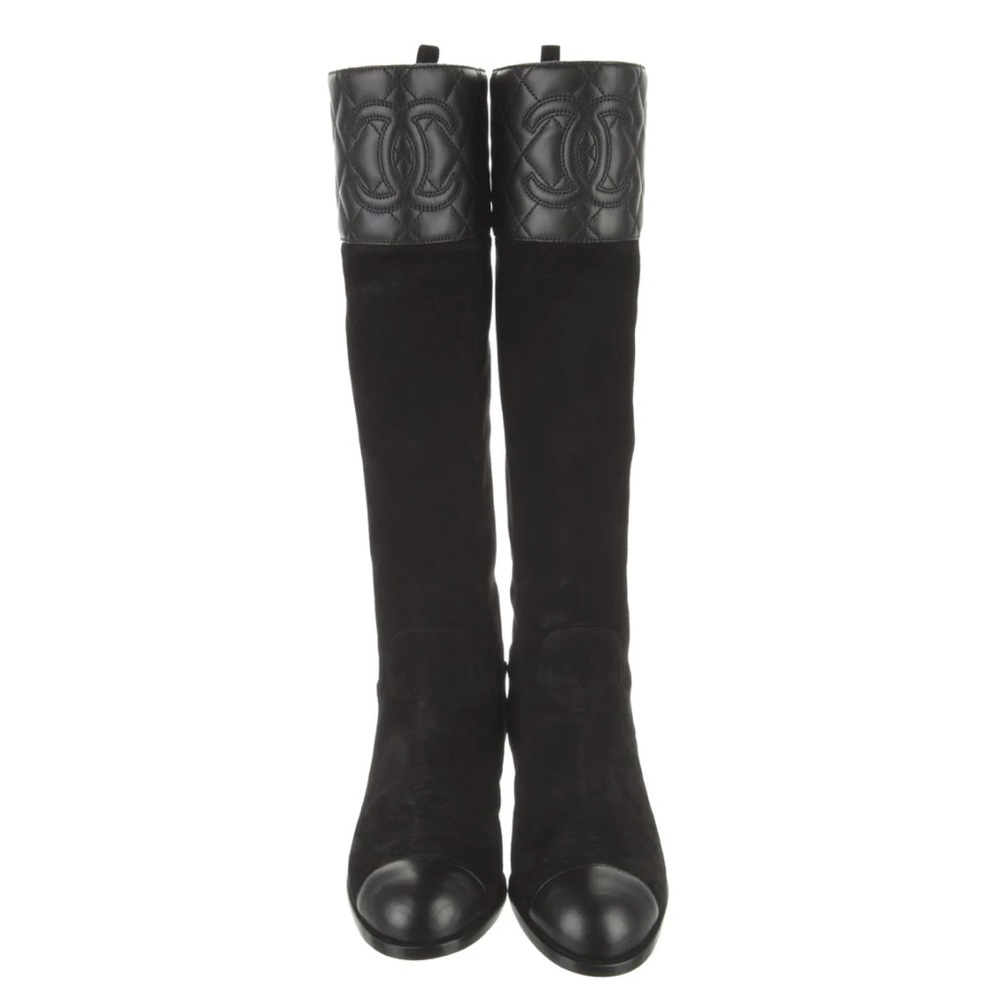 CC black suede & quilted leather knee-high cap toe ridding boots SZ 41 EU 9 US - Picture 2 of 16